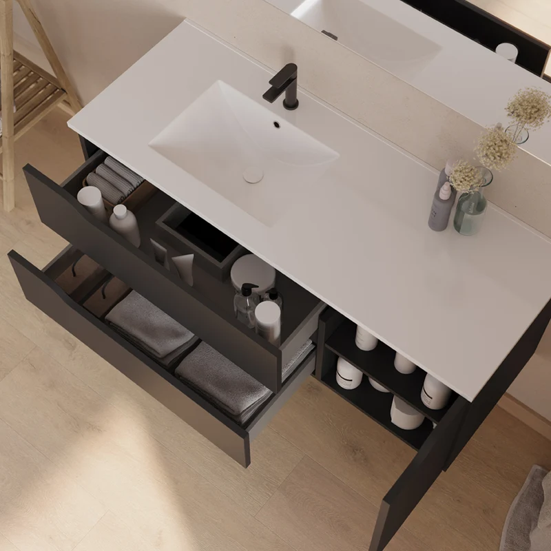 Meuble de salle de bain 120cm avec vasque déportée à gauche et miroir - 2 tiroirs et un placard - ZARZA