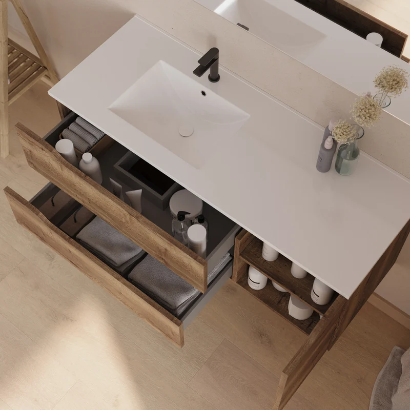 Meuble de salle de bain 120cm avec vasque déportée à gauche et miroir - 2 tiroirs et un placard - ZARZA