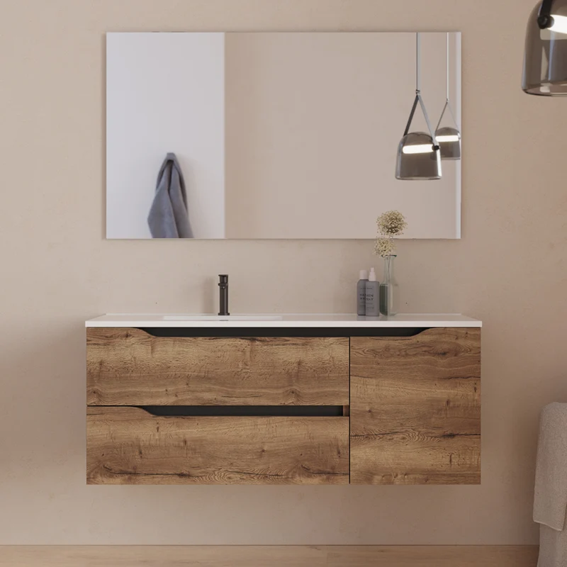 Meuble de salle de bain 120cm avec vasque déportée à gauche et miroir - 2 tiroirs et un placard - ZARZA