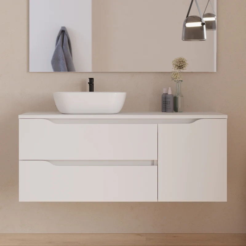 Meuble de salle de bain 120cm avec plateau et vasque à poser déportée à gauche Zeus - sans miroir - 2 tiroirs et un placard - ZARZA