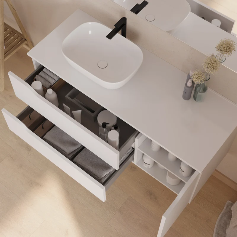 Meuble de salle de bain 120cm avec plateau et vasque à poser déportée à gauche Zeus - sans miroir - 2 tiroirs et un placard - ZARZA