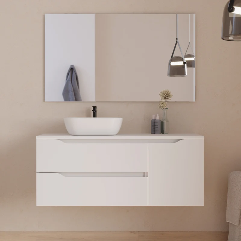Meuble de salle de bain 120cm avec plateau et vasque à poser déportée à gauche Zeus - sans miroir - 2 tiroirs et un placard - ZARZA