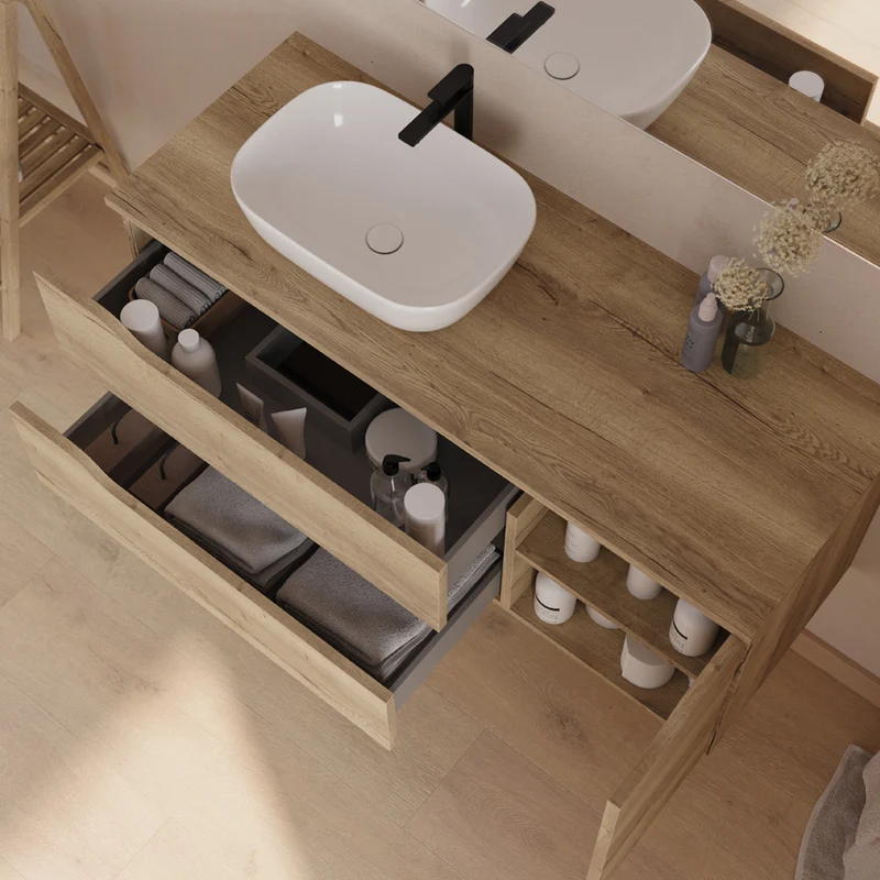 Meuble de salle de bain 120cm avec plateau et vasque à poser déportée à gauche Zeus - sans miroir - 2 tiroirs et un placard - ZARZA