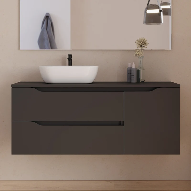 Meuble de salle de bain 120cm avec plateau et vasque à poser déportée à gauche Zeus - sans miroir - 2 tiroirs et un placard - ZARZA