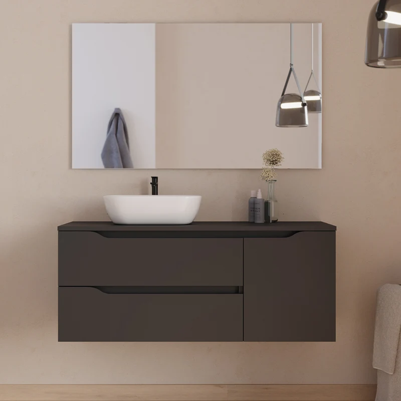 Meuble de salle de bain 120cm avec plateau et vasque à poser déportée à gauche Zeus - sans miroir - 2 tiroirs et un placard - ZARZA