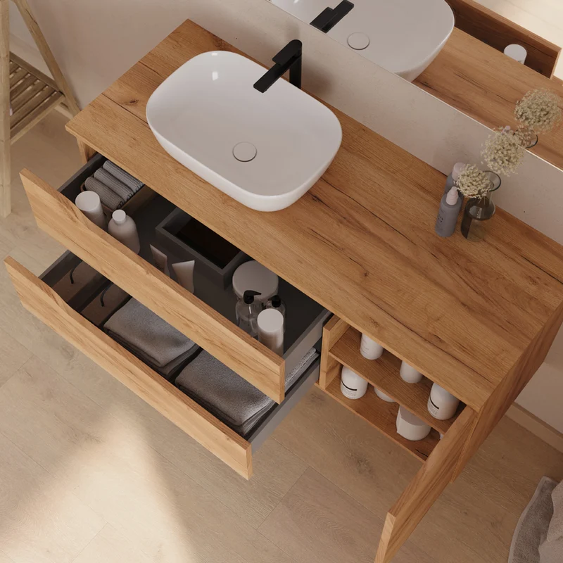 Meuble de salle de bain 120cm avec plateau et vasque à poser déportée à gauche Zeus - sans miroir - 2 tiroirs et un placard - ZARZA