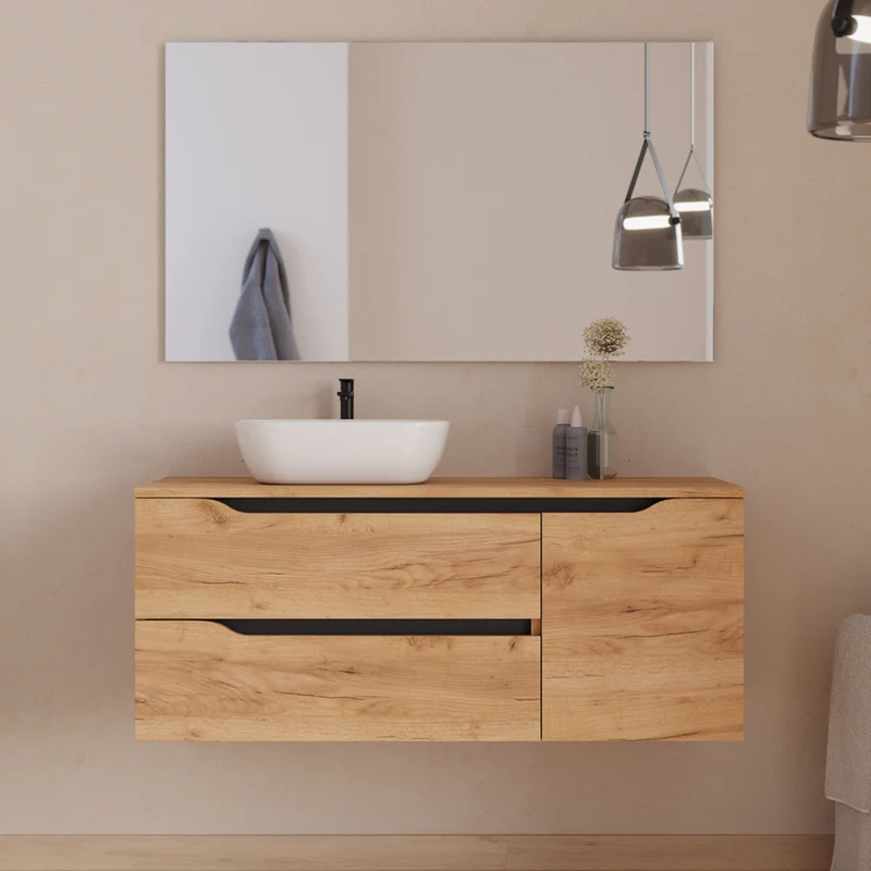 Meuble de salle de bain 120cm avec plateau et vasque à poser déportée à gauche Zeus - sans miroir - 2 tiroirs et un placard - ZARZA