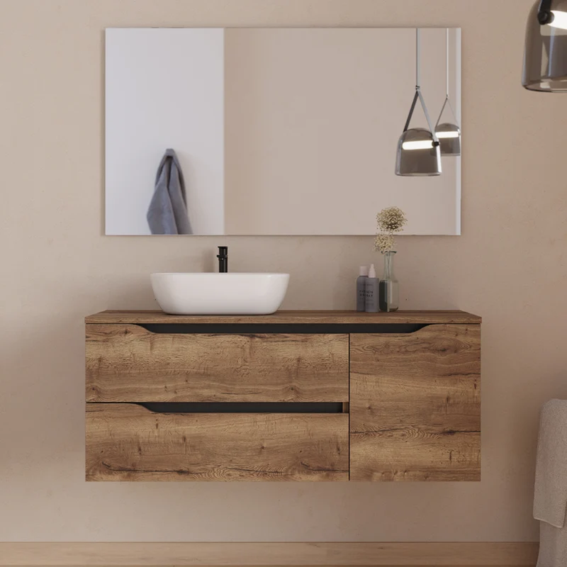 Meuble de salle de bain 120cm avec plateau et vasque à poser déportée à gauche Zeus - sans miroir - 2 tiroirs et un placard - ZARZA