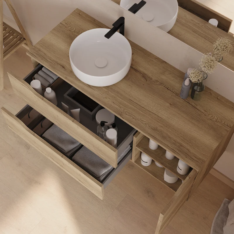 Meuble de salle de bain 120cm avec plateau et vasque à poser déportée à gauche Ares - sans miroir - 2 tiroirs et un placard - ZARZA