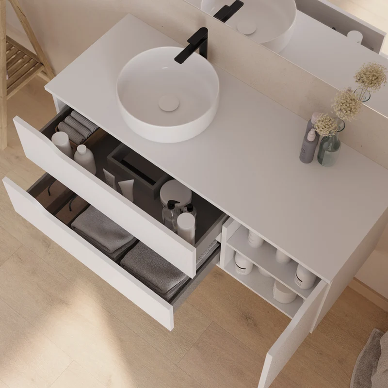 Meuble de salle de bain 120cm avec plateau et vasque à poser déportée à gauche Ares - sans miroir - 2 tiroirs et un placard - ZARZA