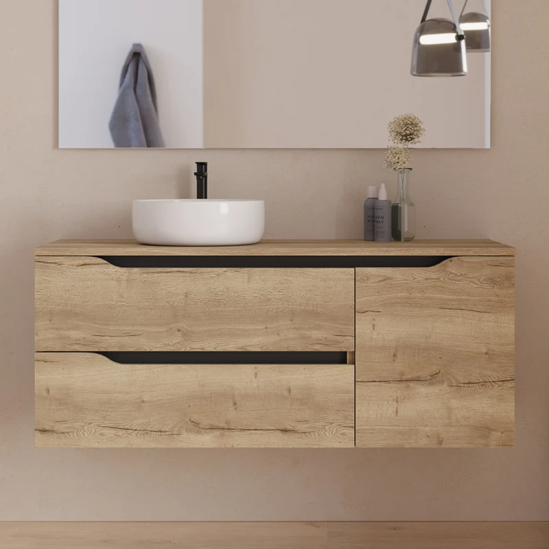 Meuble de salle de bain 120cm avec plateau et vasque à poser déportée à gauche Ares - sans miroir - 2 tiroirs et un placard - ZARZA