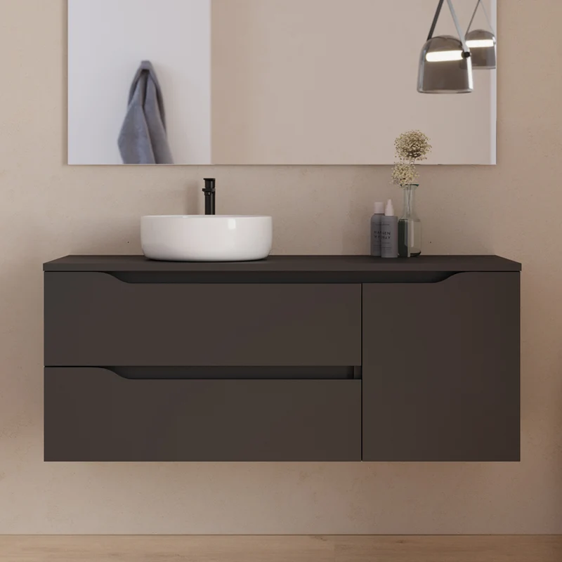Meuble de salle de bain 120cm avec plateau et vasque à poser déportée à gauche Ares - sans miroir - 2 tiroirs et un placard - ZARZA