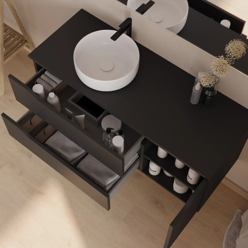 Meuble de salle de bain 120cm avec plateau et vasque à poser déportée à gauche Ares - sans miroir - 2 tiroirs et un placard - ZARZA