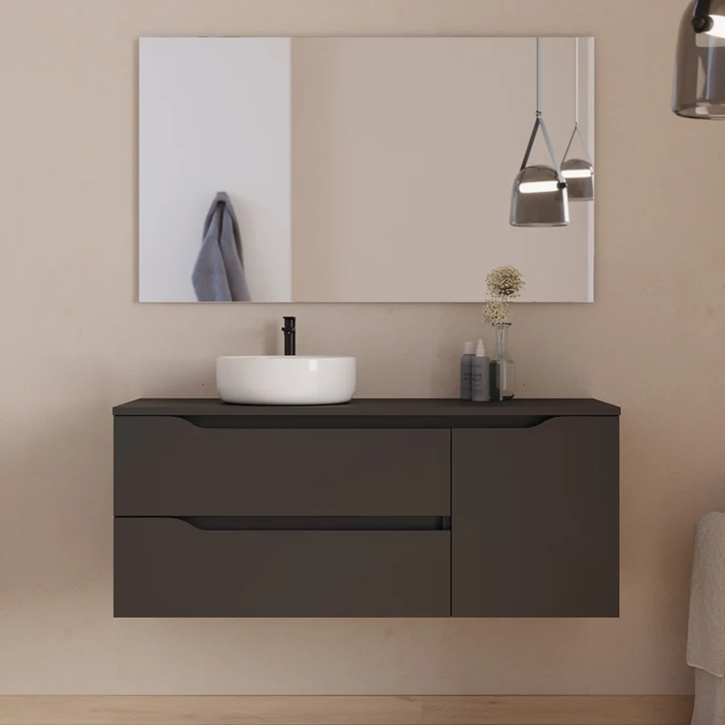 Meuble de salle de bain 120cm avec plateau et vasque à poser déportée à gauche Ares - sans miroir - 2 tiroirs et un placard - ZARZA