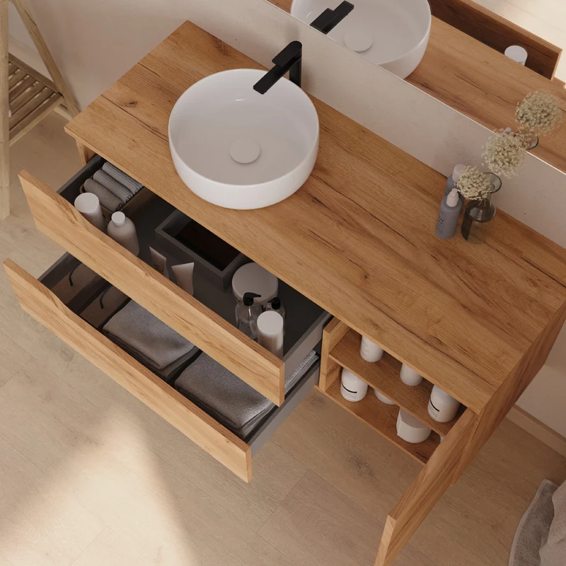 Meuble de salle de bain 120cm avec plateau et vasque à poser déportée à gauche Ares - sans miroir - 2 tiroirs et un placard - ZARZA