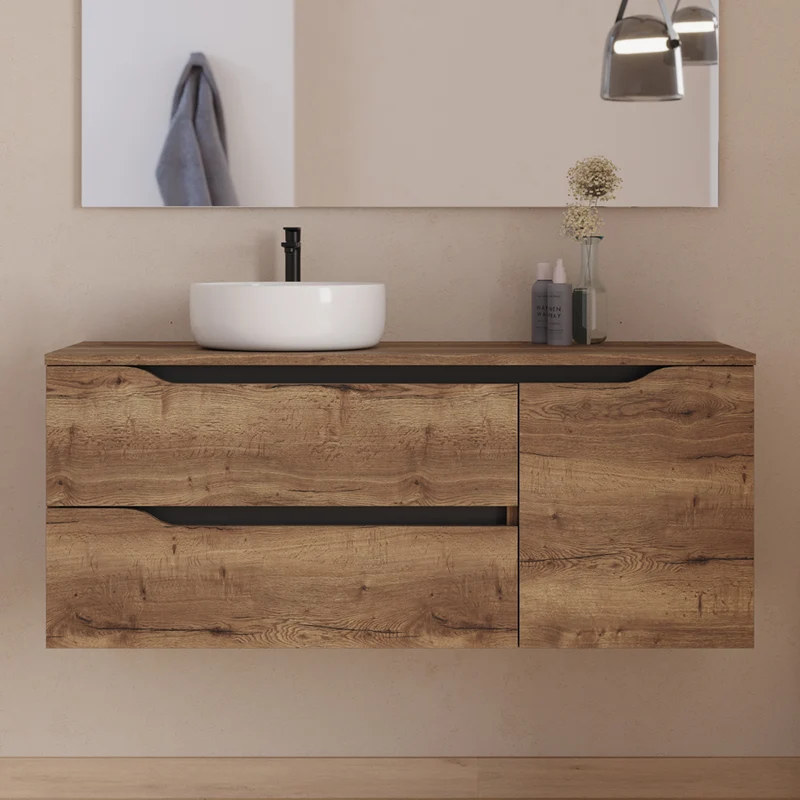 Meuble de salle de bain 120cm avec plateau et vasque à poser déportée à gauche Ares - sans miroir - 2 tiroirs et un placard - ZARZA