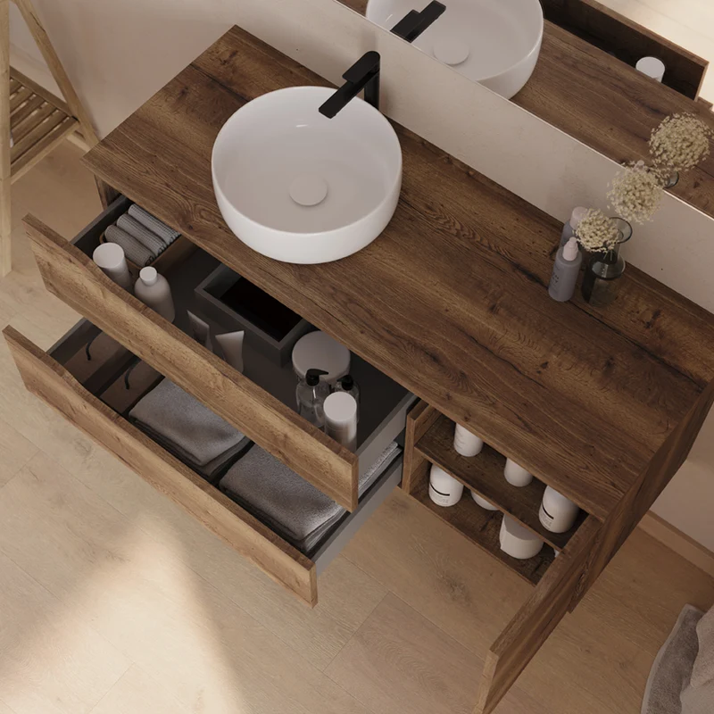 Meuble de salle de bain 120cm avec plateau et vasque à poser déportée à gauche Ares - sans miroir - 2 tiroirs et un placard - ZARZA