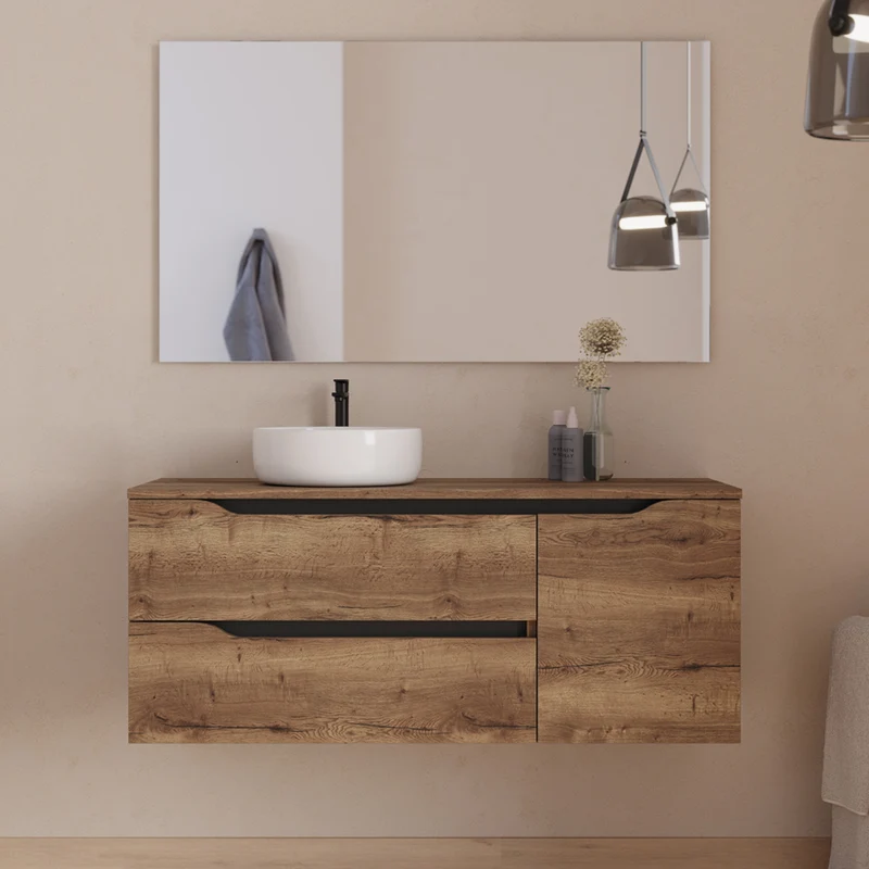 Meuble de salle de bain 120cm avec plateau et vasque à poser déportée à gauche Ares - sans miroir - 2 tiroirs et un placard - ZARZA