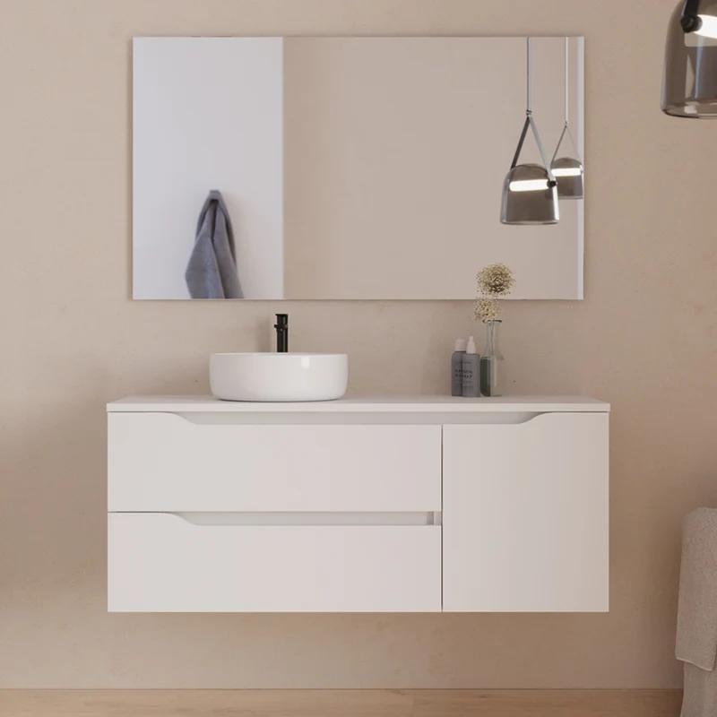 Meuble de salle de bain 120cm avec plateau et vasque à poser déportée à gauche Ares - sans miroir - 2 tiroirs et un placard - ZARZA