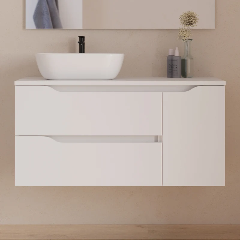 Meuble de salle de bain 100cm avec plateau, vasque à poser déportée à gauche Zeus et miroir - 2 tiroirs et un placard - ZARZA
