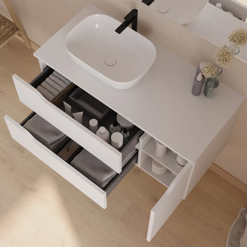 Meuble de salle de bain 100cm avec plateau, vasque à poser déportée à gauche Zeus et miroir - 2 tiroirs et un placard - ZARZA