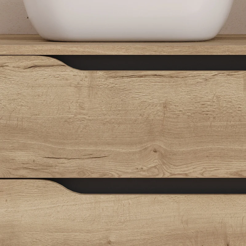 Meuble de salle de bain 100cm avec plateau, vasque à poser déportée à gauche Zeus et miroir - 2 tiroirs et un placard - ZARZA