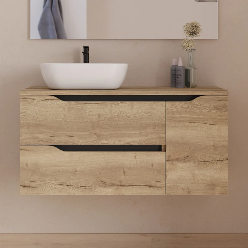 Meuble de salle de bain 100cm avec plateau, vasque à poser déportée à gauche Zeus et miroir - 2 tiroirs et un placard - ZARZA