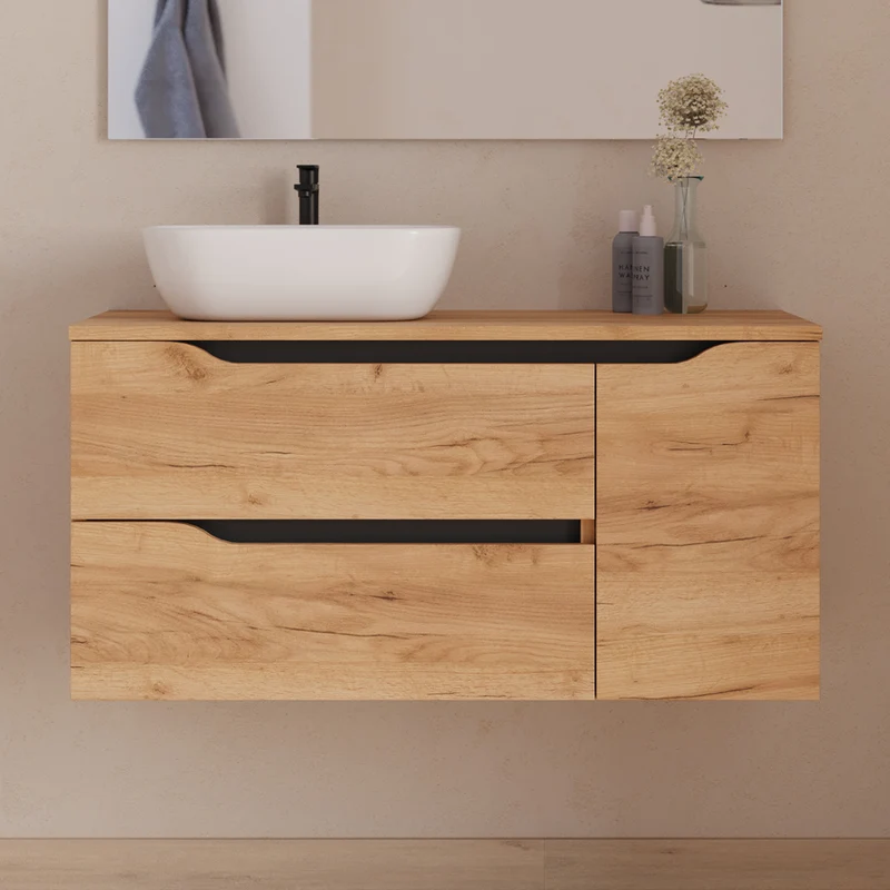 Meuble de salle de bain 100cm avec plateau, vasque à poser déportée à gauche Zeus et miroir - 2 tiroirs et un placard - ZARZA