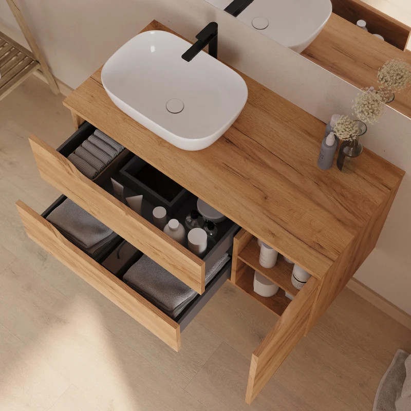 Meuble de salle de bain 100cm avec plateau, vasque à poser déportée à gauche Zeus et miroir - 2 tiroirs et un placard - ZARZA