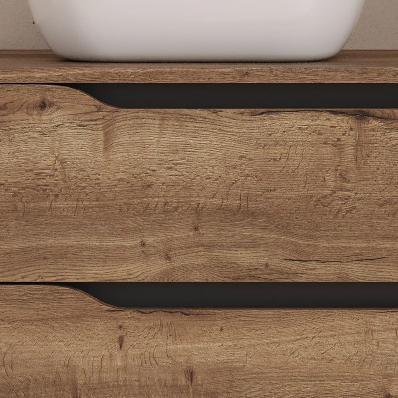 Meuble de salle de bain 100cm avec plateau, vasque à poser déportée à gauche Zeus et miroir - 2 tiroirs et un placard - ZARZA