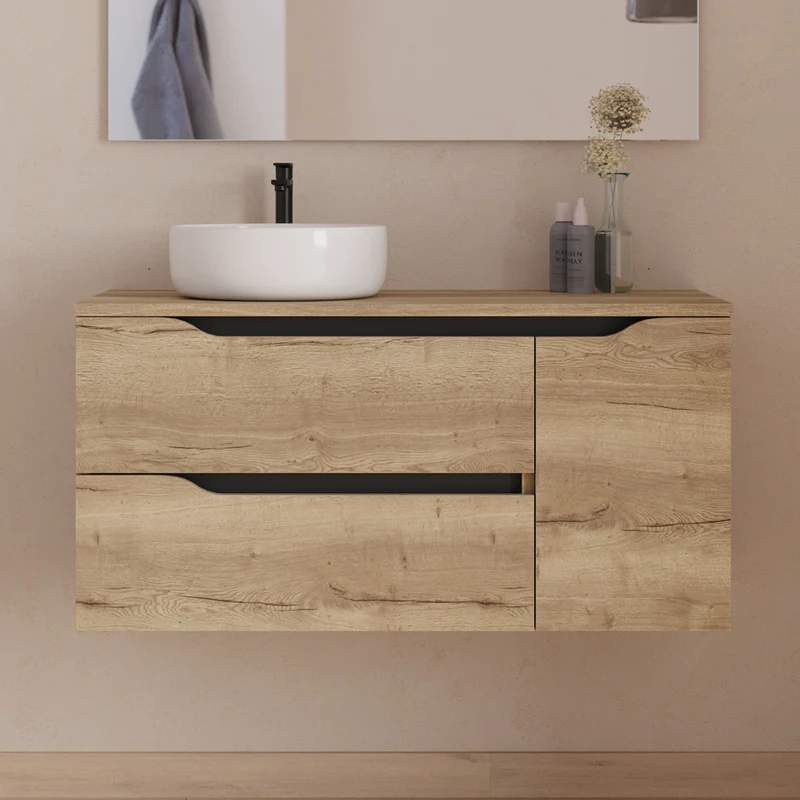 Meuble de salle de bain 100cm avec plateau, vasque à poser déportée à gauche Ares et miroir - 2 tiroirs et un placard - ZARZA
