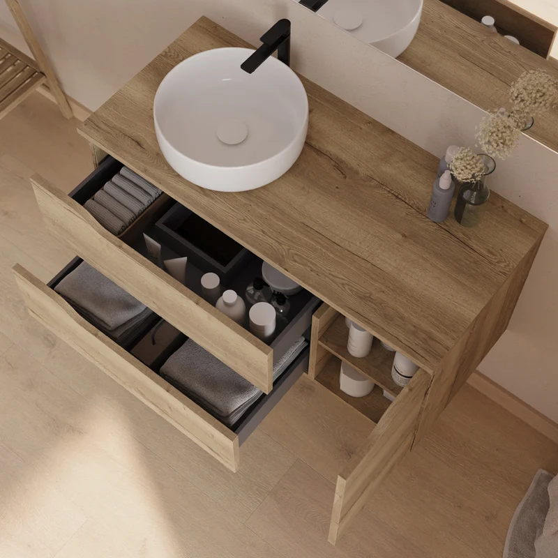 Meuble de salle de bain 100cm avec plateau, vasque à poser déportée à gauche Ares et miroir - 2 tiroirs et un placard - ZARZA