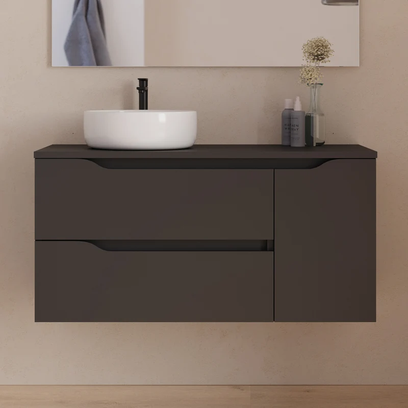 Meuble de salle de bain 100cm avec plateau, vasque à poser déportée à gauche Ares et miroir - 2 tiroirs et un placard - ZARZA