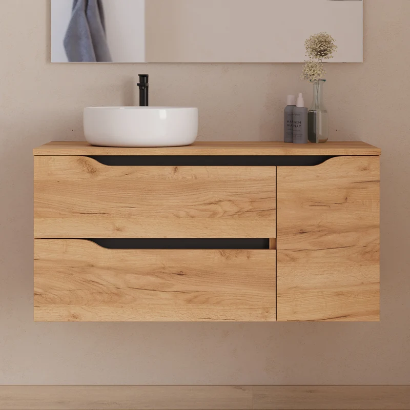 Meuble de salle de bain 100cm avec plateau, vasque à poser déportée à gauche Ares et miroir - 2 tiroirs et un placard - ZARZA