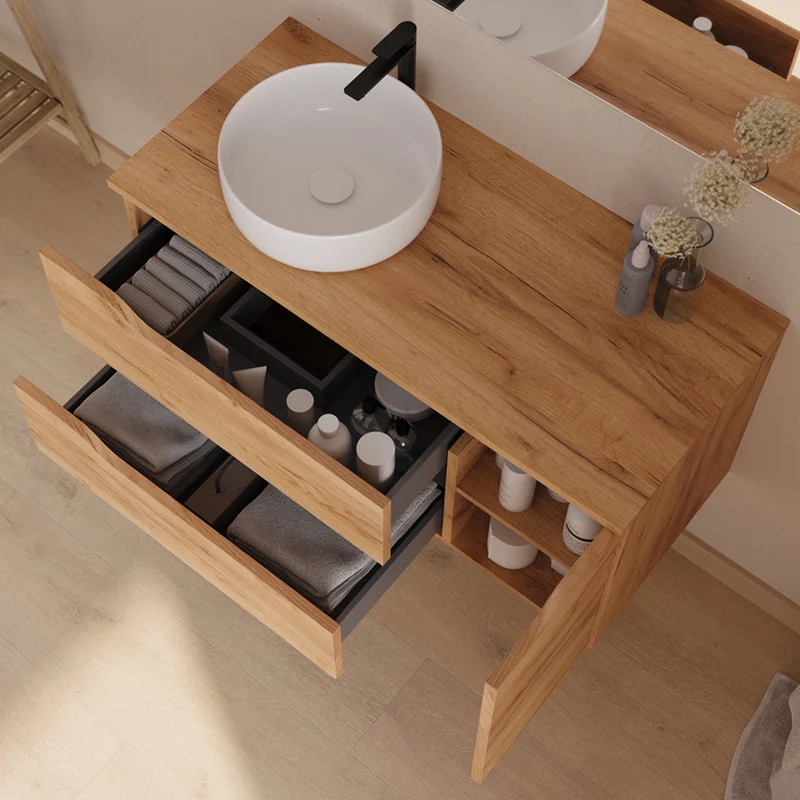 Meuble de salle de bain 100cm avec plateau, vasque à poser déportée à gauche Ares et miroir - 2 tiroirs et un placard - ZARZA