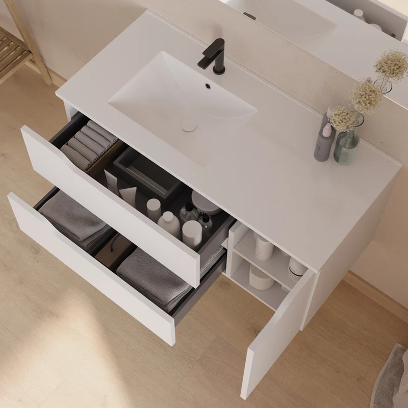 Meuble de salle de bain 100cm avec vasque déportée à gauche et miroir - 2 tiroirs et un placard - ZARZA