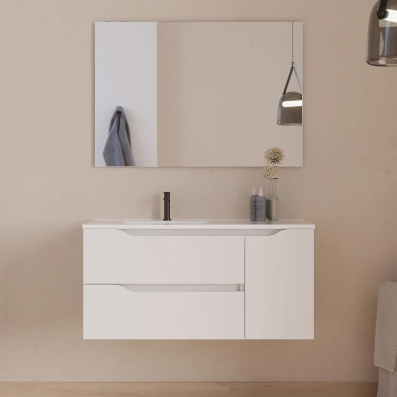 Meuble de salle de bain 100cm avec vasque déportée à gauche et miroir - 2 tiroirs et un placard - ZARZA