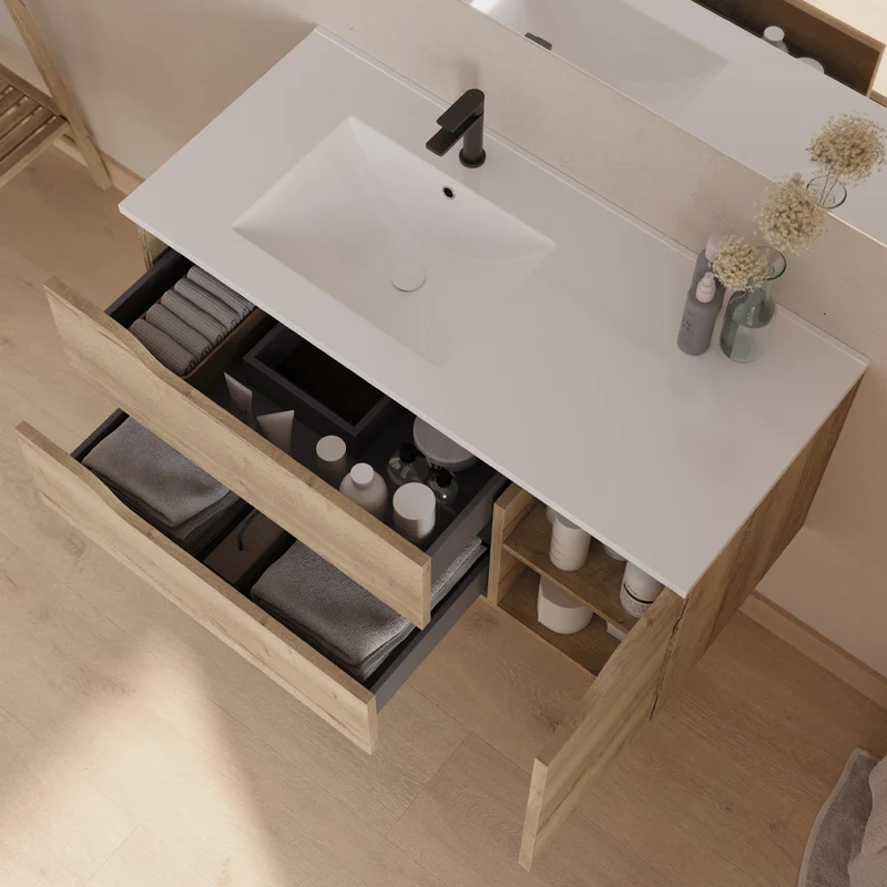 Meuble de salle de bain 100cm avec vasque déportée à gauche et miroir - 2 tiroirs et un placard - ZARZA