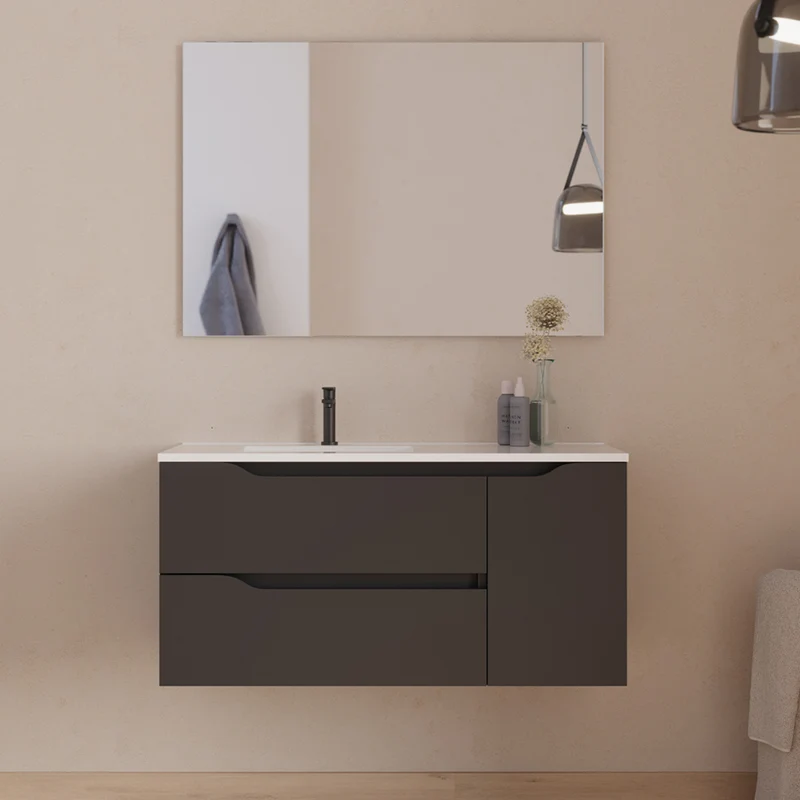 Meuble de salle de bain 100cm avec vasque déportée à gauche et miroir - 2 tiroirs et un placard - ZARZA