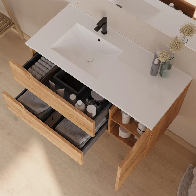 Meuble de salle de bain 100cm avec vasque déportée à gauche et miroir - 2 tiroirs et un placard - ZARZA