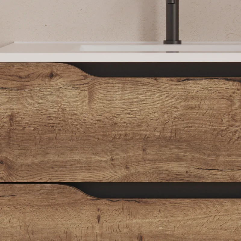 Meuble de salle de bain 100cm avec vasque déportée à gauche et miroir - 2 tiroirs et un placard - ZARZA