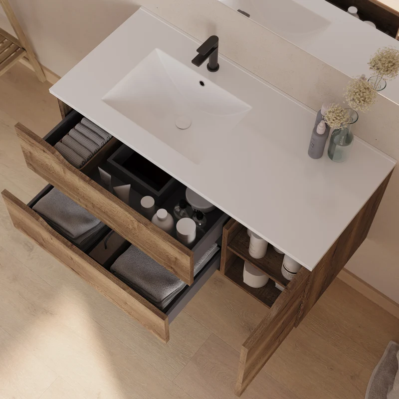 Meuble de salle de bain 100cm avec vasque déportée à gauche et miroir - 2 tiroirs et un placard - ZARZA