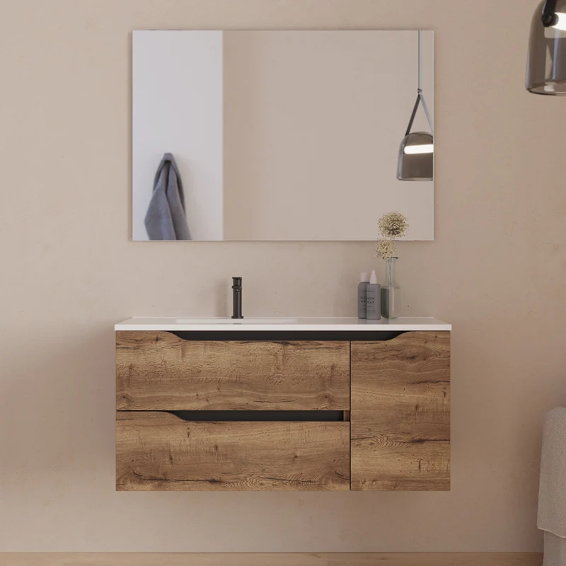 Meuble de salle de bain 100cm avec vasque déportée à gauche et miroir - 2 tiroirs et un placard - ZARZA