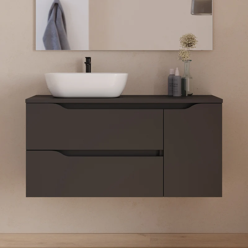 Meuble de salle de bain 100cm avec plateau et vasque à poser déportée à gauche Zeus - sans miroir - 2 tiroirs et un placard - ZARZA