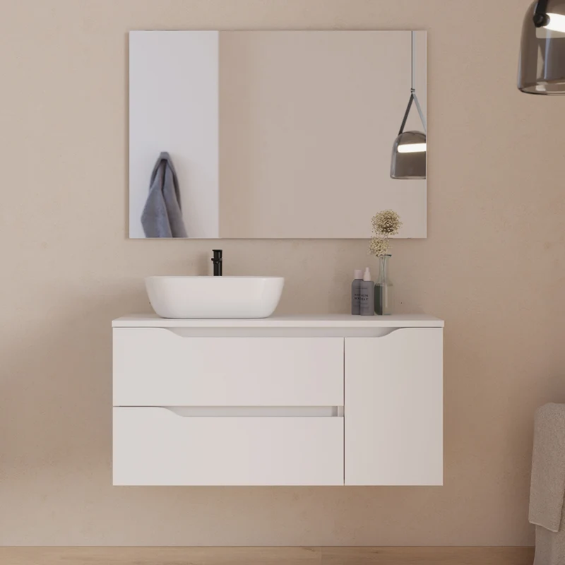 Meuble de salle de bain 100cm avec plateau et vasque à poser déportée à gauche Zeus - sans miroir - 2 tiroirs et un placard - ZARZA