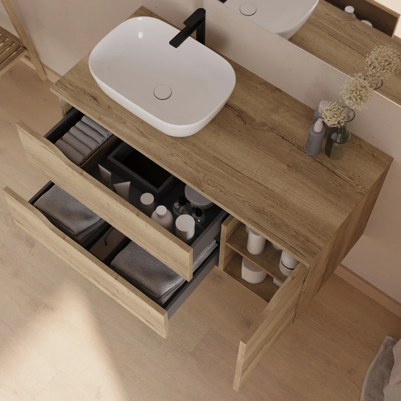 Meuble de salle de bain 100cm avec plateau et vasque à poser déportée à gauche Zeus - sans miroir - 2 tiroirs et un placard - ZARZA