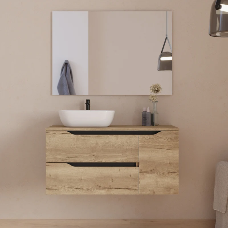 Meuble de salle de bain 100cm avec plateau et vasque à poser déportée à gauche Zeus - sans miroir - 2 tiroirs et un placard - ZARZA