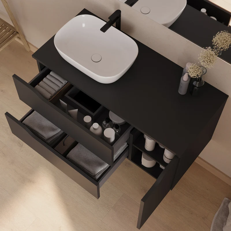 Meuble de salle de bain 100cm avec plateau et vasque à poser déportée à gauche Zeus - sans miroir - 2 tiroirs et un placard - ZARZA