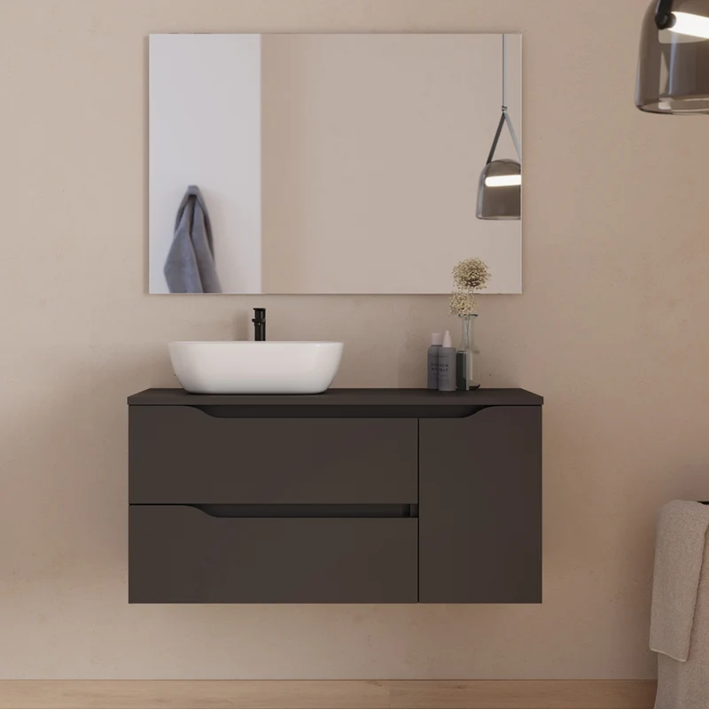 Meuble de salle de bain 100cm avec plateau et vasque à poser déportée à gauche Zeus - sans miroir - 2 tiroirs et un placard - ZARZA