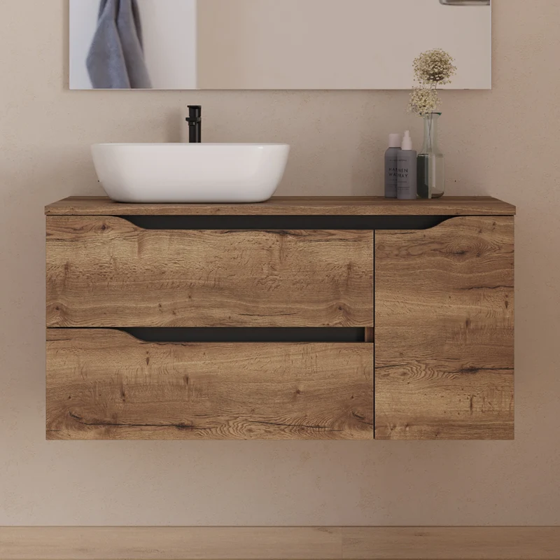 Meuble de salle de bain 100cm avec plateau et vasque à poser déportée à gauche Zeus - sans miroir - 2 tiroirs et un placard - ZARZA